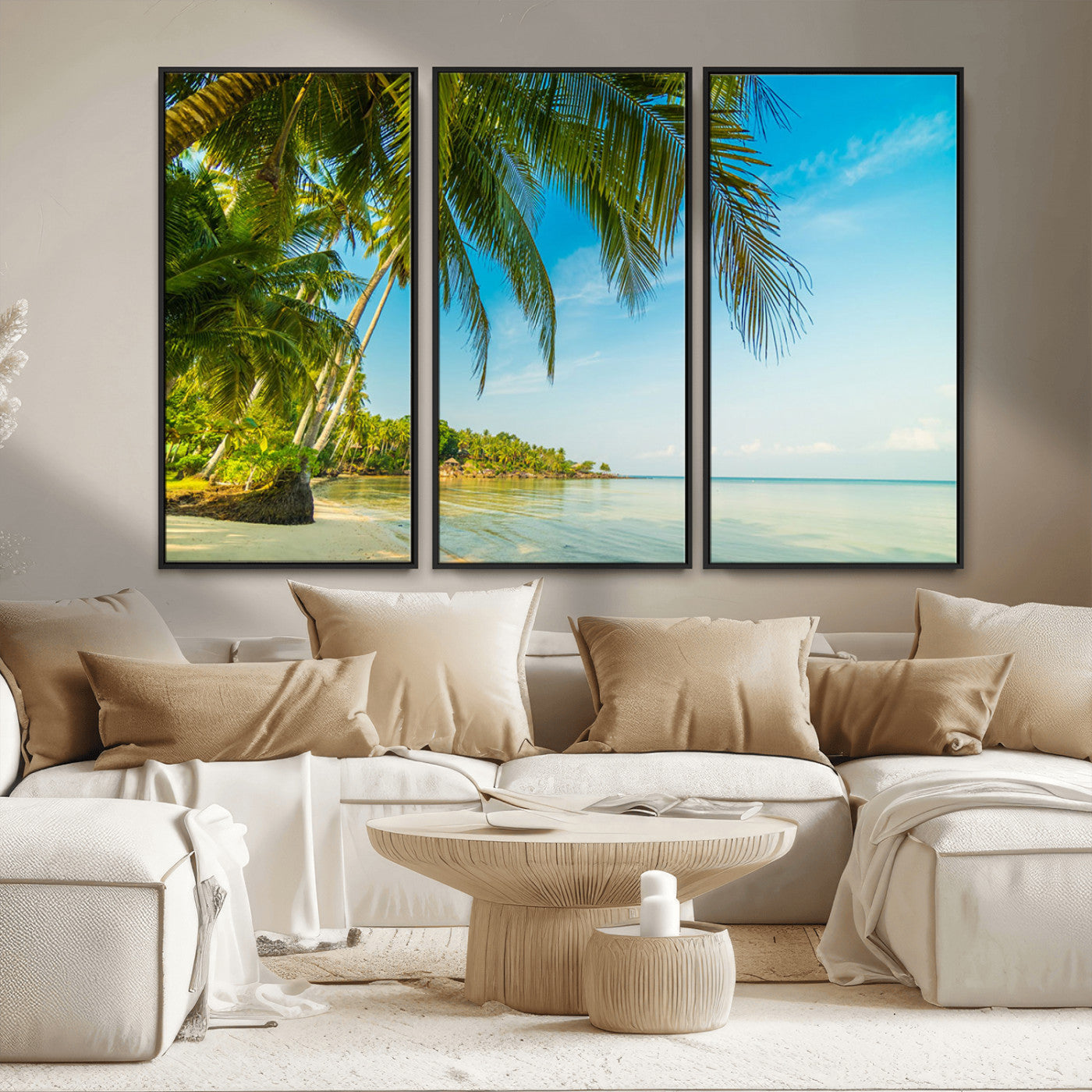 65056721-MGV-FC-48X32-3P_Black-Tropical Beach Wall Art – Palm Tree Coastal Photography Print, Relaxing Ocean Paradise Landscape, Island Seascape Home or Office