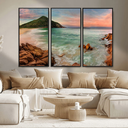 53831025-MGV-FC-48X32-3P_Black-Coastal Landscape Wall Art – Tropical Beach Ocean Canvas Print, Sunset Mountain View Photography Decor for Living Room, Bedroom,