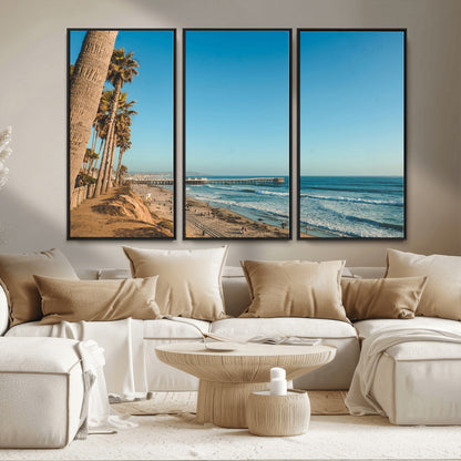 92568259-MGV-CV-36X24-California Beach Wall Art – Palm Tree Pier Canvas Print, Coastal Ocean Photography Seaside Decor for Living Room, Bedroom, Office,