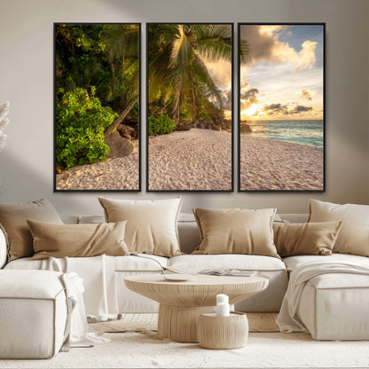 89531159-MGV-CV-36X24-Tropical Beach Sunset Canvas Wall Art – Palm Trees Golden Sand Ocean Waves Coastal Paradise Print for Beach House Bedroom Bathroom