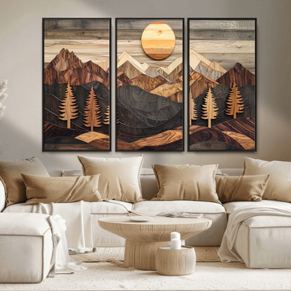 90044381-MGV-FC-48X32-3P_Black-Rustic Wall Art – Wooden Mountain Landscape with Sun and Pine Trees, Handcrafted Nature Canvas Style Decor for Bedroom, Living