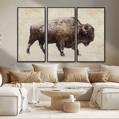 54810031-MGV-FC-48X32-3P_Black-Western Wall Art – Snow Covered Bison Canvas Print, Rustic Wildlife Photography Decor for Bedroom, Living Room, Office, Lodge,