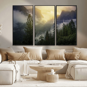38316884-MGV-FC-48X32-3P_Black-Landscape Wall Art – Misty Mountain Valley Canvas Print, Scenic Pine Forest and Sunrise Photography Decor for Bedroom, Living