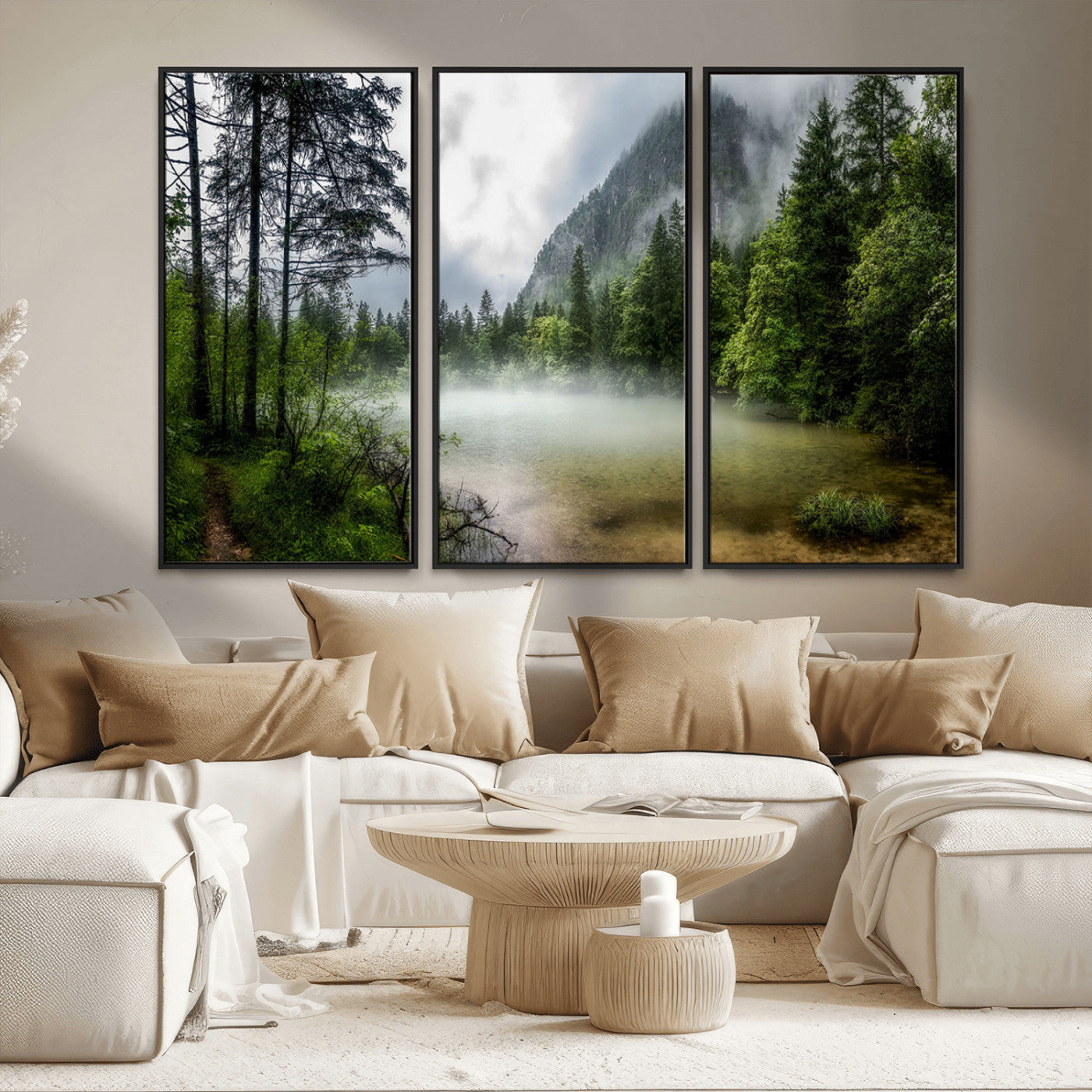 93123937-MGV-FC-48X32-3P_Black-Landscape Wall Art – Misty Mountain Lake Canvas Print, Tranquil Forest and Waterfall Photography Decor for Bedroom, Living Room,