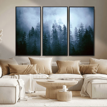 93439624-MGV-FC-48X32-3P_Black-Forest Wall Art – Misty Pine Trees Canvas Print, Moody Nature Photography Decor for Bedroom, Living Room, Office, Cabin, Lodge or