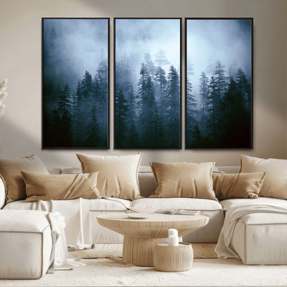 93439624-MGV-FC-48X32-3P_Black-Forest Wall Art – Misty Pine Trees Canvas Print, Moody Nature Photography Decor for Bedroom, Living Room, Office, Cabin, Lodge or