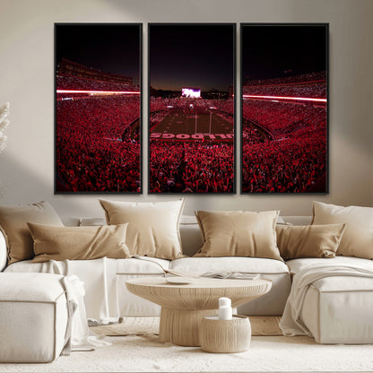 38331045-MGV-FC-48X32-3P_Black-Sanford Stadium Wall Art – Panoramic Georgia Bulldogs Red Light Game Football Canvas Print, Night Crowd Sports Decor for Office,