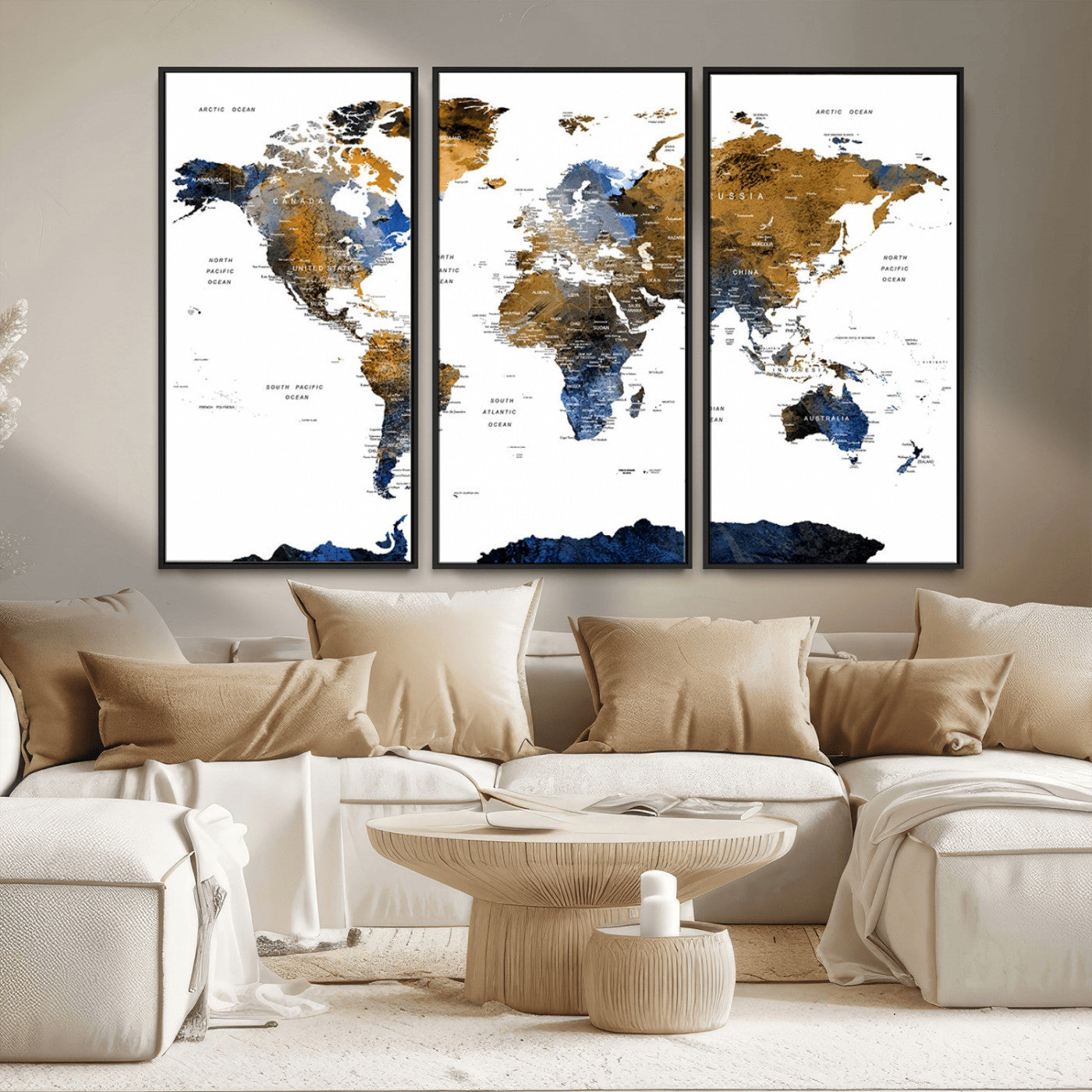 MGV-FC-48X32-3P - World Map Wall Art Canvas Print, Framed Blue Gold Map Art Picture Print, Rustic Atlas Perfect Rustic Modern Decor Artwork