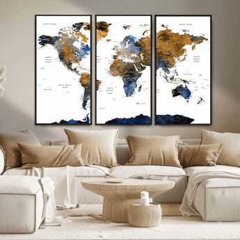 MGV-FC-48X32-3P - World Map Wall Art Canvas Print, Framed Blue Gold Map Art Picture Print, Rustic Atlas Perfect Rustic Modern Decor Artwork