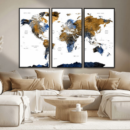 MGV-FC-48X32-3P - World Map Wall Art Canvas Print, Framed Blue Gold Map Art Picture Print, Rustic Atlas Perfect Rustic Modern Decor Artwork