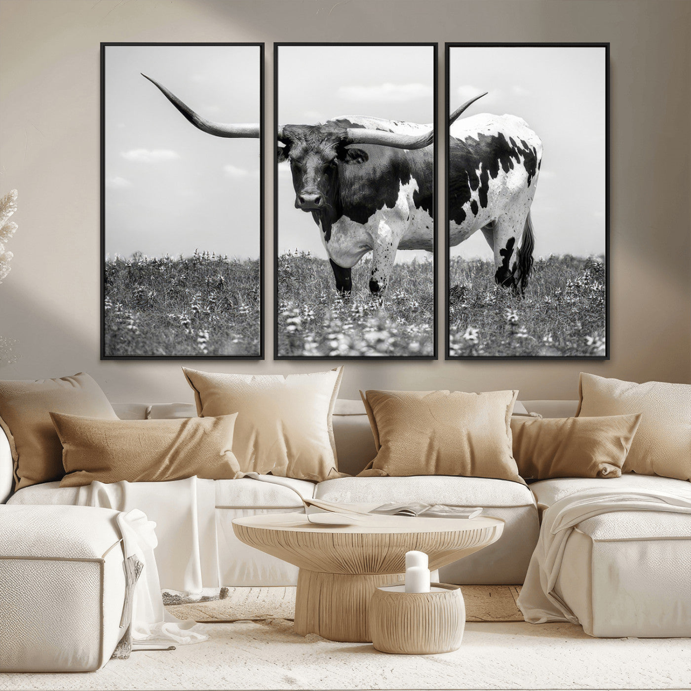 83785-MGV-CV-36X24-Texas Longhorn Wall Art Canvas Print, Framed Horned Bull Art Picture Print, Monochrome Cattle Perfect Rustic Western Decor Artwork