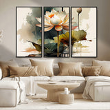 46359-MGV-FC-48X32-3P_Black-Lotus Blossom Wall Art Canvas Print, Framed Water Lily Art Picture Print, Zen Flower Perfect Zen Botanical Decor Artwork