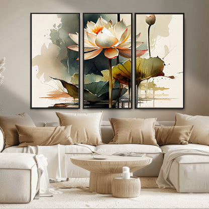 46359-MGV-FC-48X32-3P_Black-Lotus Blossom Wall Art Canvas Print, Framed Water Lily Art Picture Print, Zen Flower Perfect Zen Botanical Decor Artwork