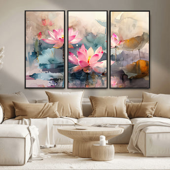 18414-MGV-CV-36X24-Pink Lotus Wall Art Canvas Print, Framed Water Lily Art Picture Print, Dreamy Floral Perfect Dreamy Botanical Decor Artwork