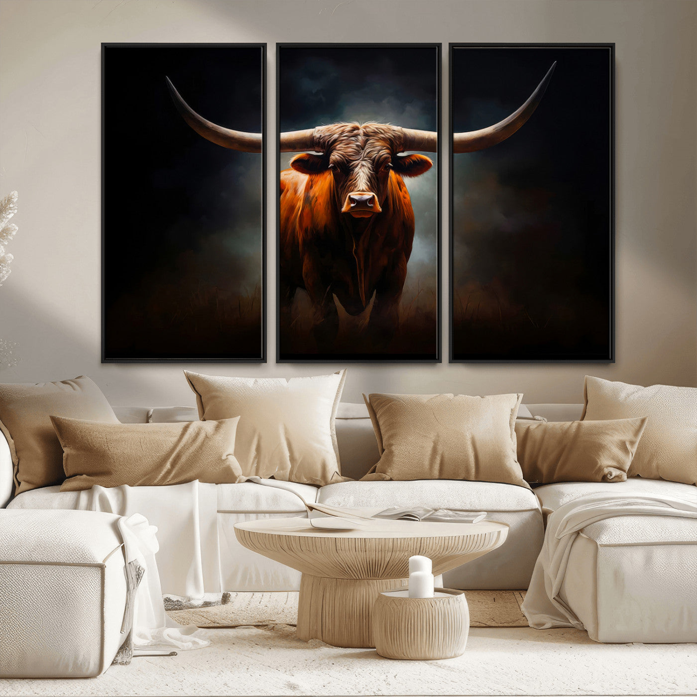 12484-MGV-FC-48X32-3P_Black-Texas Longhorn Wall Art Canvas Print, Framed Western Bull Art Picture Print, Moody Cattle Perfect Moody Western Decor Artwork