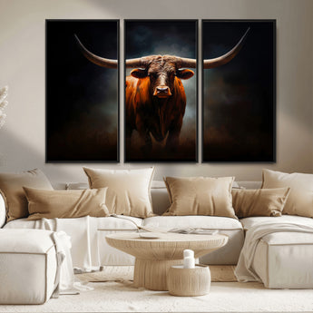 12484-MGV-FC-48X32-3P_Black-Texas Longhorn Wall Art Canvas Print, Framed Western Bull Art Picture Print, Moody Cattle Perfect Moody Western Decor Artwork