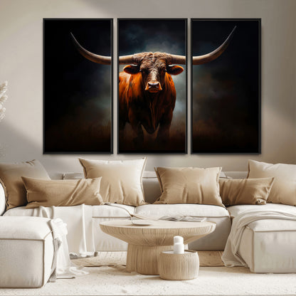 12484-MGV-FC-48X32-3P_Black-Texas Longhorn Wall Art Canvas Print, Framed Western Bull Art Picture Print, Moody Cattle Perfect Moody Western Decor Artwork