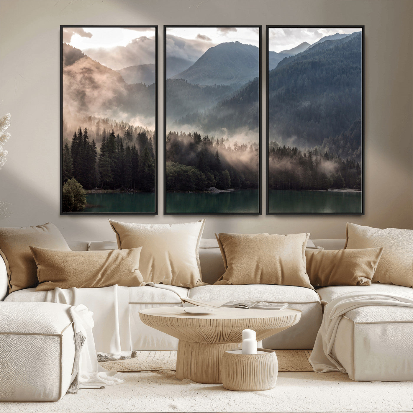 64758-MGV-FC-48X32-3P_Black-Misty Mountains Wall Art Canvas Print, Framed Moody Pines Art Picture Print, Forest Lake Perfect Moody Alpine Decor Artwork