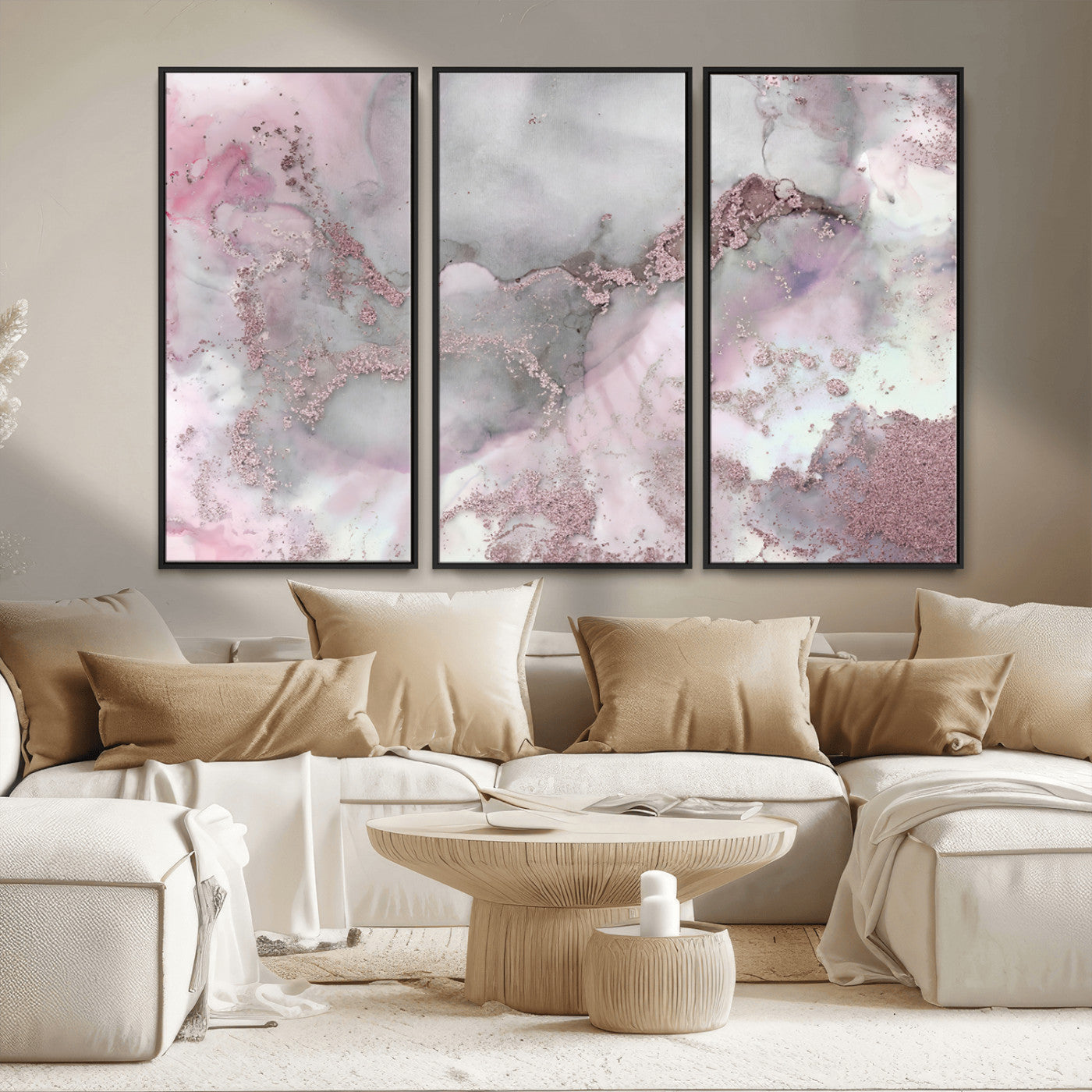 16416-MGV-CV-36X24-Blush Marble Wall Art Canvas Print, Framed Rose Gold Art Picture Print, Pink Cloudy Perfect Modern Glam Decor Artwork