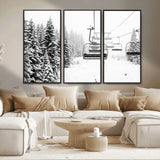 49274-MGV-CV-36X24-Snowy Forest Wall Art Canvas Print, Framed Ski Lift Art Picture Print, Mountain Snow Perfect Minimal Winter Lodge Decor Artwork