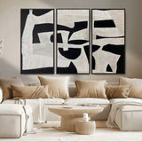 33714-MGV-FC-48X32-3P_Black-Monochrome Design Wall Art Canvas Print, Framed Modern Linework Art Picture Print, Textured Shapes Perfect Monochrome Modern Decor