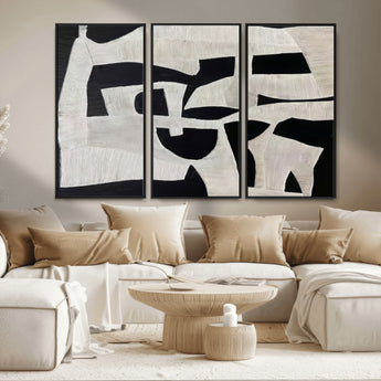 33714-MGV-FC-48X32-3P_Black-Monochrome Design Wall Art Canvas Print, Framed Modern Linework Art Picture Print, Textured Shapes Perfect Monochrome Modern Decor