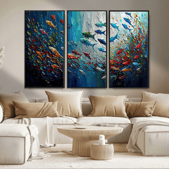 89626-MGV-CV-36X24-Fish Swarm Wall Art Canvas Print, Framed Abstract Ocean Art Picture Print, Underwater Life Perfect Vibrant Coastal Decor Artwork