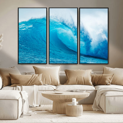 15566-MGV-FC-48X32-3P_Black-Ocean Wave Wall Art Canvas Print, Framed Curling Wave Art Picture Print, Vibrant Surf Wave Perfect Coastal Surf Decor Artwork