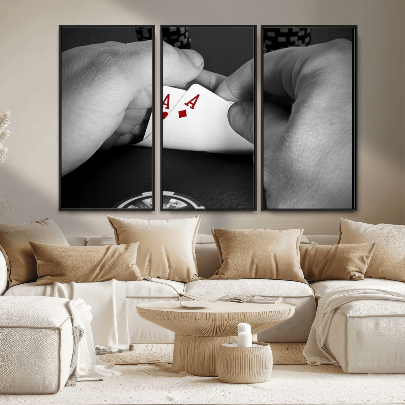 62460-MGV-FC-48X32-3P_Black-Poker Game Wall Art – Close Up of Hands Holding Aces with Chips, Casino Style Decor for Game Room, Man Cave or Office