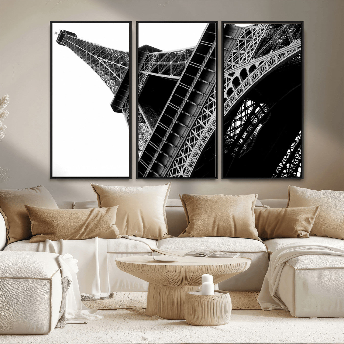 89033-MGV-FC-48X32-3P_Black-Eiffel Tower Wall Art – Dramatic Black and White Architectural Canvas Print, Modern Paris Decor for Office, Living Room or