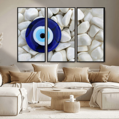 48883-MGV-CV-36X24-Evil Eye Wall Art – Deep Blue Symbol of Presence and Calm on White Stones, Subtle Spiritual Decor for Entryway, Studio, Office or