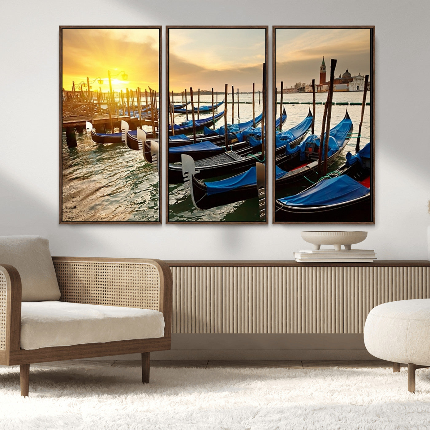 25872-MGV-FC-48X32-3P_Walnut-Venetian Gondola Dock Wall Art – Serene Sunset Canal Canvas Print, Tranquil Water Travel Decor for Office, Living Room, or Man