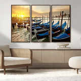 25872-MGV-FC-48X32-3P_Walnut-Venetian Gondola Dock Wall Art – Serene Sunset Canal Canvas Print, Tranquil Water Travel Decor for Office, Living Room, or Man