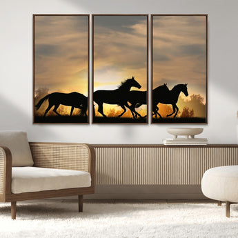 16620-MGV-CV-36X24-Sunset Stallions Wall Art – Silhouetted Horses Running Canvas Print, Nature’s Rhythm, Perfect for Living Room, Office, or Man Cave
