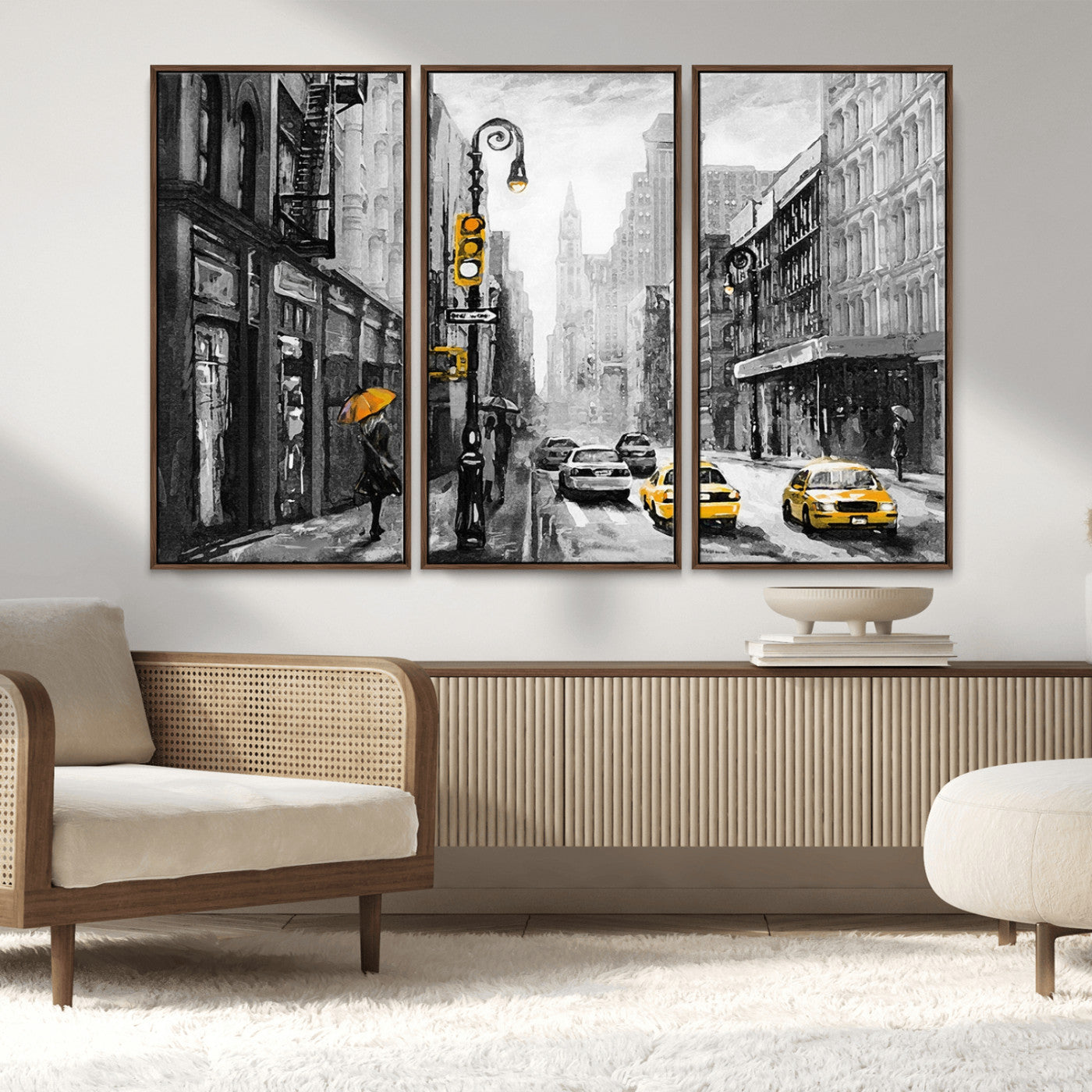 32362-MGV-CV-36X24-NYC Street Wall Art – Black and White Cityscape with Yellow Taxis and Umbrella Canvas Print, Urban Home Decor for Living Room or