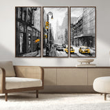 32362-MGV-CV-36X24-NYC Street Wall Art – Black and White Cityscape with Yellow Taxis and Umbrella Canvas Print, Urban Home Decor for Living Room or