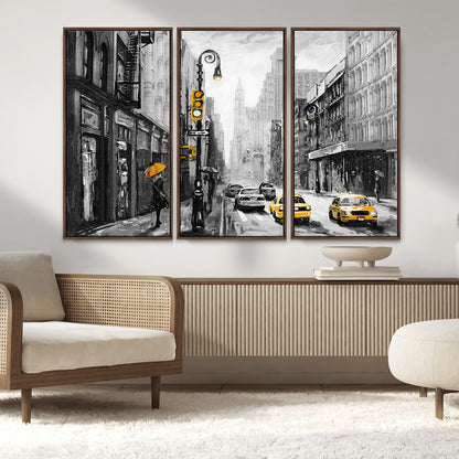 32362-MGV-CV-36X24-NYC Street Wall Art – Black and White Cityscape with Yellow Taxis and Umbrella Canvas Print, Urban Home Decor for Living Room or