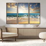 13139-MGV-FC-48X32-3P_Walnut-Sunrise Beach Wall Art – Ocean Waves and Golden Sand Canvas Print, Coastal Home Decor for Living Room, Bedroom, or Office