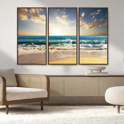 13139-MGV-FC-48X32-3P_Walnut-Sunrise Beach Wall Art – Ocean Waves and Golden Sand Canvas Print, Coastal Home Decor for Living Room, Bedroom, or Office