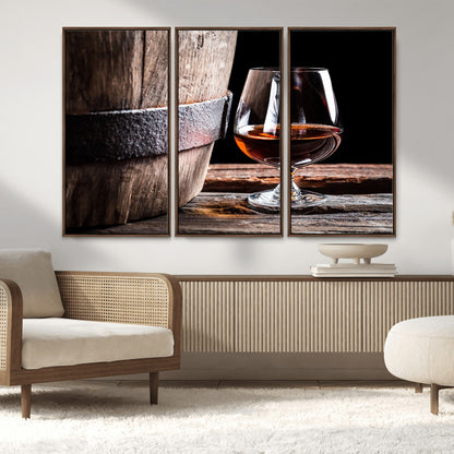 50839-MGV-FC-48X32-3P_Walnut-Barrel & Brandy Wall Art – Rustic Whiskey Barrel and Brandy Glass Canvas Print, Elegant Home Bar or Lounge Decor for Office, Man