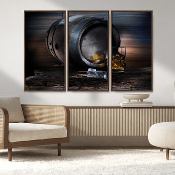 78049-MGV-FC-48X32-3P_Walnut-Whiskey Barrel Wall Art – Rustic Whiskey Barrel and Glass with Ice Canvas Print, Classic Bar or Lounge Decor for Home, Office, or