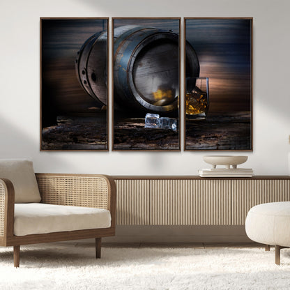 78049-MGV-FC-48X32-3P_Walnut-Whiskey Barrel Wall Art – Rustic Whiskey Barrel and Glass with Ice Canvas Print, Classic Bar or Lounge Decor for Home, Office, or