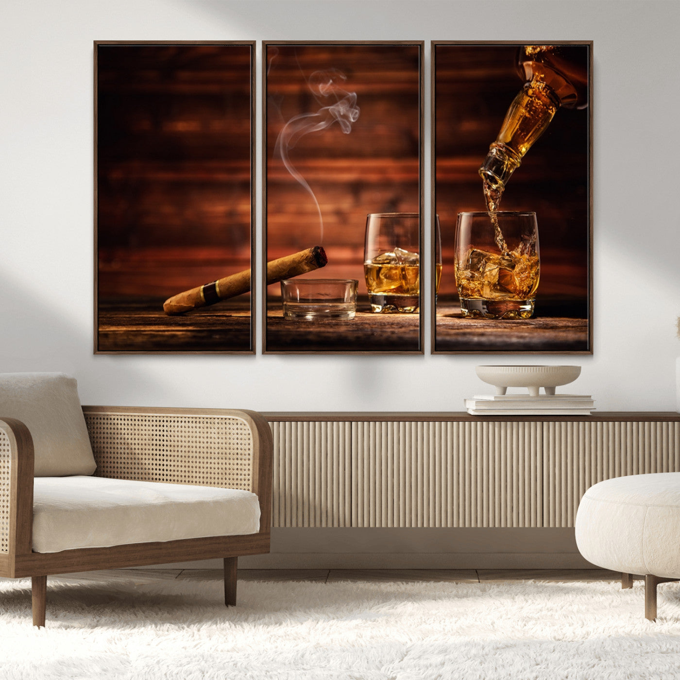 91042-MGV-CV-36X24-Whiskey & Cigar Wall Art – Elegant Whiskey Pour and Smoldering Cigar Canvas Print, Sophisticated Bar or Lounge Decor for Home,