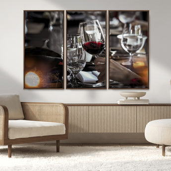 75513-MGV-FC-48X32-3P_Walnut-Elegant Wine Toast Wall Art – Close-Up Red Wine Glass at Dinner Table Canvas Print, Sophisticated Dining Room or Bar Decor