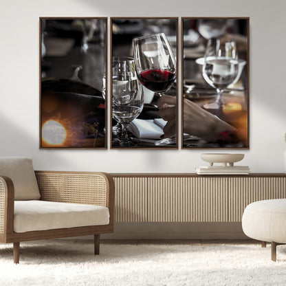 75513-MGV-FC-48X32-3P_Walnut-Elegant Wine Toast Wall Art – Close-Up Red Wine Glass at Dinner Table Canvas Print, Sophisticated Dining Room or Bar Decor
