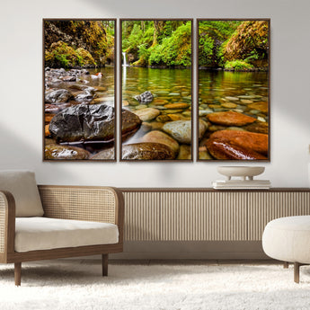98096-MGV-CV-36X24-Serene River Waterfall Nature Photo – Calm Clear Water, Vibrant Green Forest and Smooth Stones Landscape Wall Art for Home or