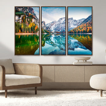 10402-MGV-FC-48X32-3P_Walnut-Snowy Mountain Lake Wall Art – Autumn Landscape Canvas Print with Reflection, Nature Decor for Living Room, Office, Bedroom or