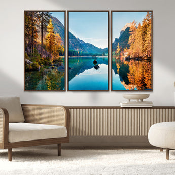 32962-MGV-FC-48X32-3P_Walnut-Mountain Lake Wall Art – Tranquil Autumn Landscape Canvas Print, Nature Reflection Decor for Living Room, Bedroom, Office or Cabin