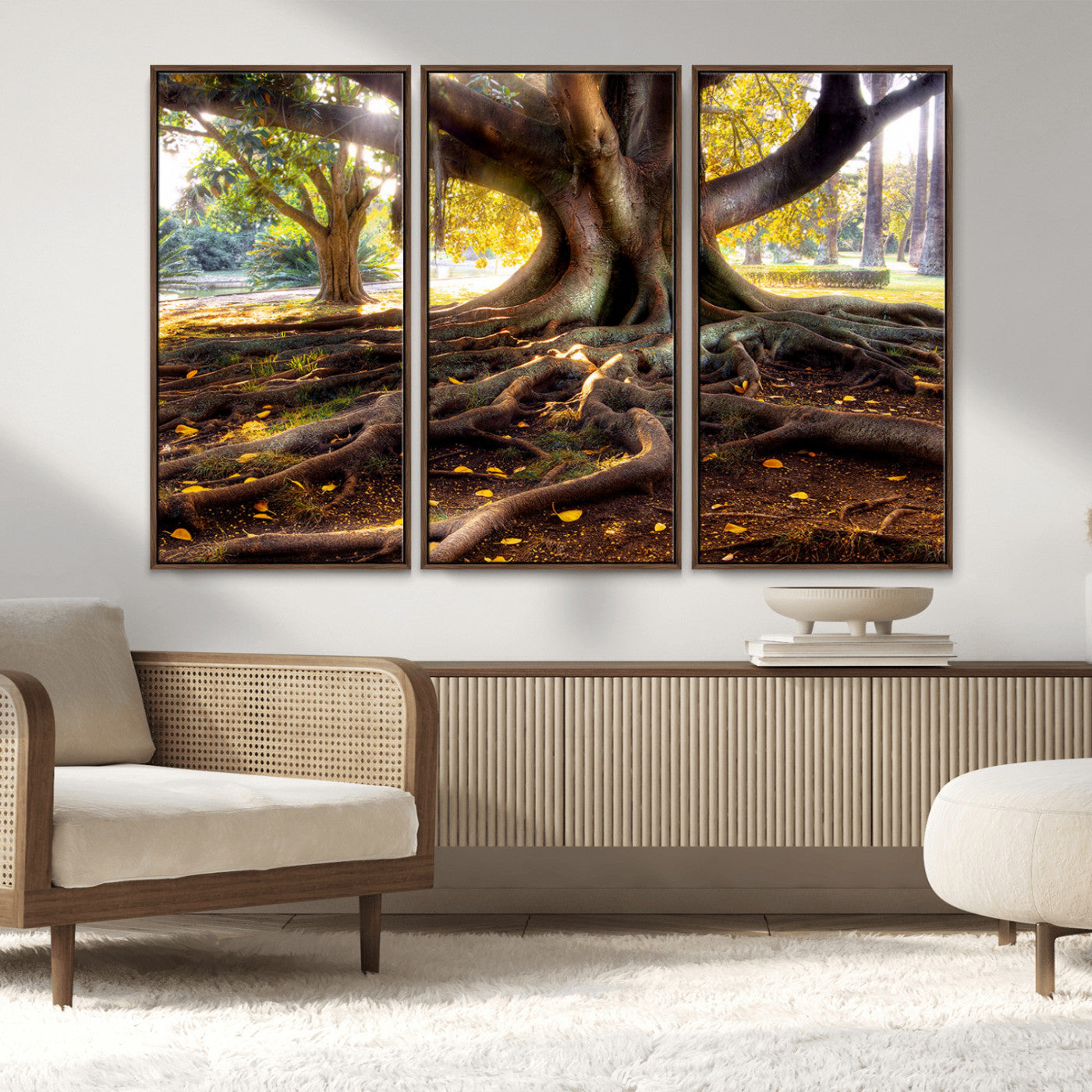 53335-MGV-FC-48X32-3P_Walnut-Majestic Tree with Sprawling Roots Wall Art – Serene Sunlit Park Scene, Nature Canvas Print, Perfect for Living Room, Office or