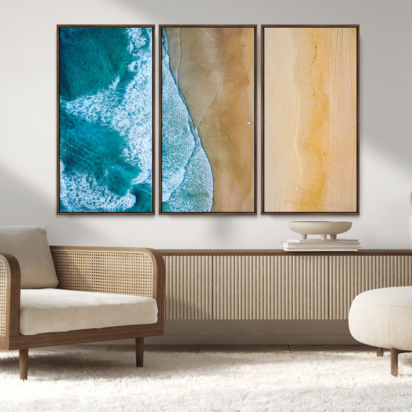 46640-MGV-FC-48X32-3P_Walnut-Aerial Beach Wall Art – Turquoise Waves and Golden Sand Canvas Print with Lone Surfer, Coastal Ocean Decor for Living Room,
